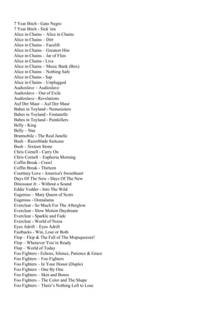 7 Year Bitch - Gato Negro
7 Year Bitch - Sick 'em
Alice in Chains – Alice in Chains
Alice in Chains – Dirt
Alice in Chains – Facelift
Alice in Chains – Greatest Hits
Alice in Chains – Jar of Flies
Alice in Chains - Live
Alice in Chains – Music Bank (Box)
Alice in Chains – Nothing Safe
Alice in Chains - Sap
Alice in Chains – Unplugged
Audioslave – Audioslave
Audioslave – Out of Exile
Audioslave - Revelations
Auf Der Maur – Auf Der Maur
Babes in Toyland - Nemesisters
Babes in Toyland - Fontanelle
Babes in Toyland - Painkillers
Belly - King
Belly – Star
Bratmobile - The Real Janelle
Bush – Razorblade Suitcase
Bush – Sixteen Stone
Chris Cornell - Carry On
Chris Cornell – Euphoria Morning
Coffin Break - Crawl
Coffin Break - Thirteen
Courtney Love - America's Sweetheart
Days Of The New - Days Of The New
Dinossaur Jr. - Without a Sound
Eddie Vedder - Into The Wild
Eugenius – Mary Queen of Scots
Eugenius - Oomalama
Everclear - So Much For The Afterglow
Everclear - Slow Motion Daydream
Everclear - Sparkle and Fade
Everclear - World of Noise
Eyes Adrift – Eyes Adrift
Fastbacks - Win, Lose or Both
Flop – Flop & The Fall of The Mopsqueezer!
Flop – Whenever You’re Ready
Flop – World of Today
Foo Fighters - Echoes, Silence, Patience & Grace
Foo Fighters – Foo Fighters
Foo Fighters – In Your Honor (Duplo)
Foo Fighters – One By One
Foo Fighters – Skin and Bones
Foo Fighters – The Color and The Shape
Foo Fighters – There’s Nothing Left to Lose
 