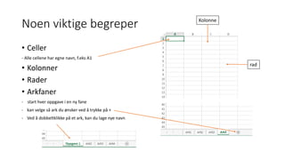 Noen viktige begreper
• Celler
- Alle cellene har egne navn, f.eks A1
• Kolonner
• Rader
• Arkfaner
- start hver oppgave i en ny fane
- kan velge så ark du ønsker ved å trykke på +
- Ved å dobbeltklikke på et ark, kan du lage nye navn
Kolonne
rad
 