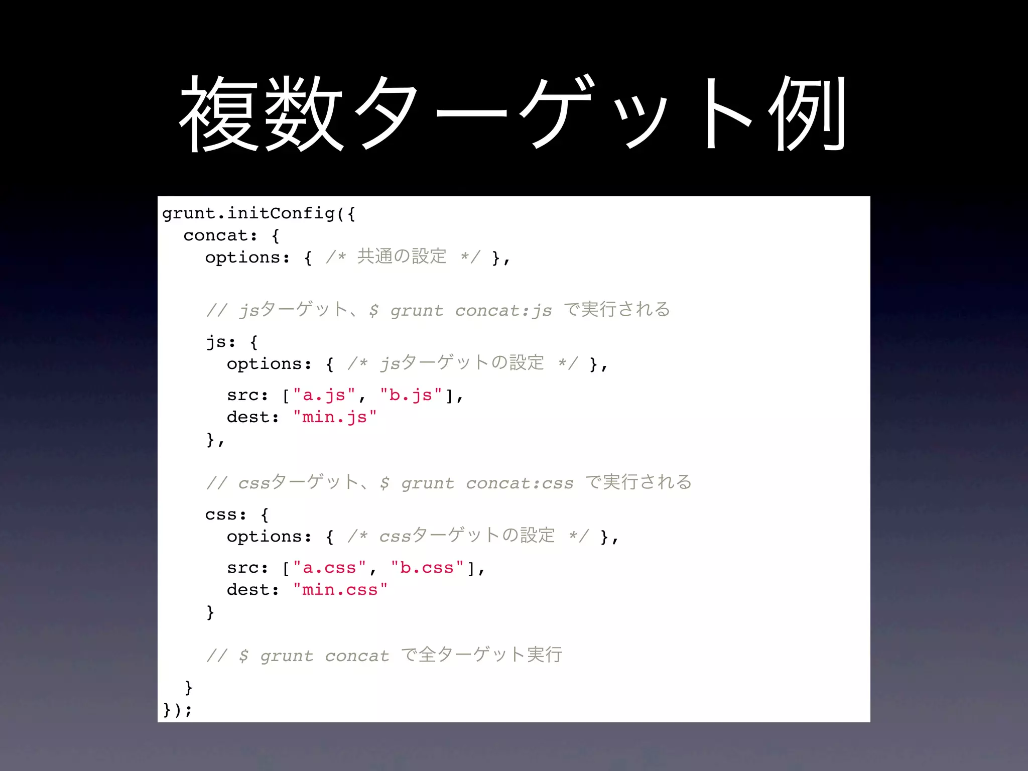 複数ターゲット例
grunt.initConfig({
concat: {
options: { /* 共通の設定 */ },
// jsターゲット、$ grunt concat:js で実行される
js: {
options: { /* jsターゲットの設定 */ },
src: ["a.js", "b.js"],
dest: "min.js"
},
// cssターゲット、$ grunt concat:css で実行される
css: {
options: { /* cssターゲットの設定 */ },
src: ["a.css", "b.css"],
dest: "min.css"
}
// $ grunt concat で全ターゲット実行
}
});
 