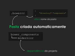 Pasta criada automaticamente
bower_components
└── modernizr
dependência do projeto
.bowerrc
{
"directory":"components"
}
altera nome da pasta
 