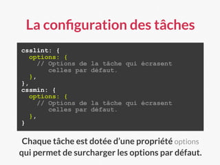 La conﬁguration des tâches
csslint: {
options: {
// Options de la tâche qui écrasent
celles par défaut.
},
},
cssmin: {
options: {
// Options de la tâche qui écrasent
celles par défaut.
},
}
Chaque tâche est dotée d’une propriété options
qui permet de surcharger les options par défaut.
 