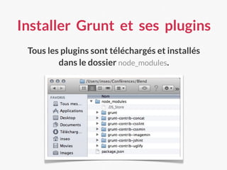Installer Grunt et ses plugins
Tous les plugins sont téléchargés et installés
dans le dossier node_modules.
 