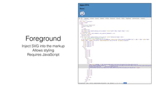 Foreground
Inject SVG into the markup
Allows styling
Requires JavaScript
 