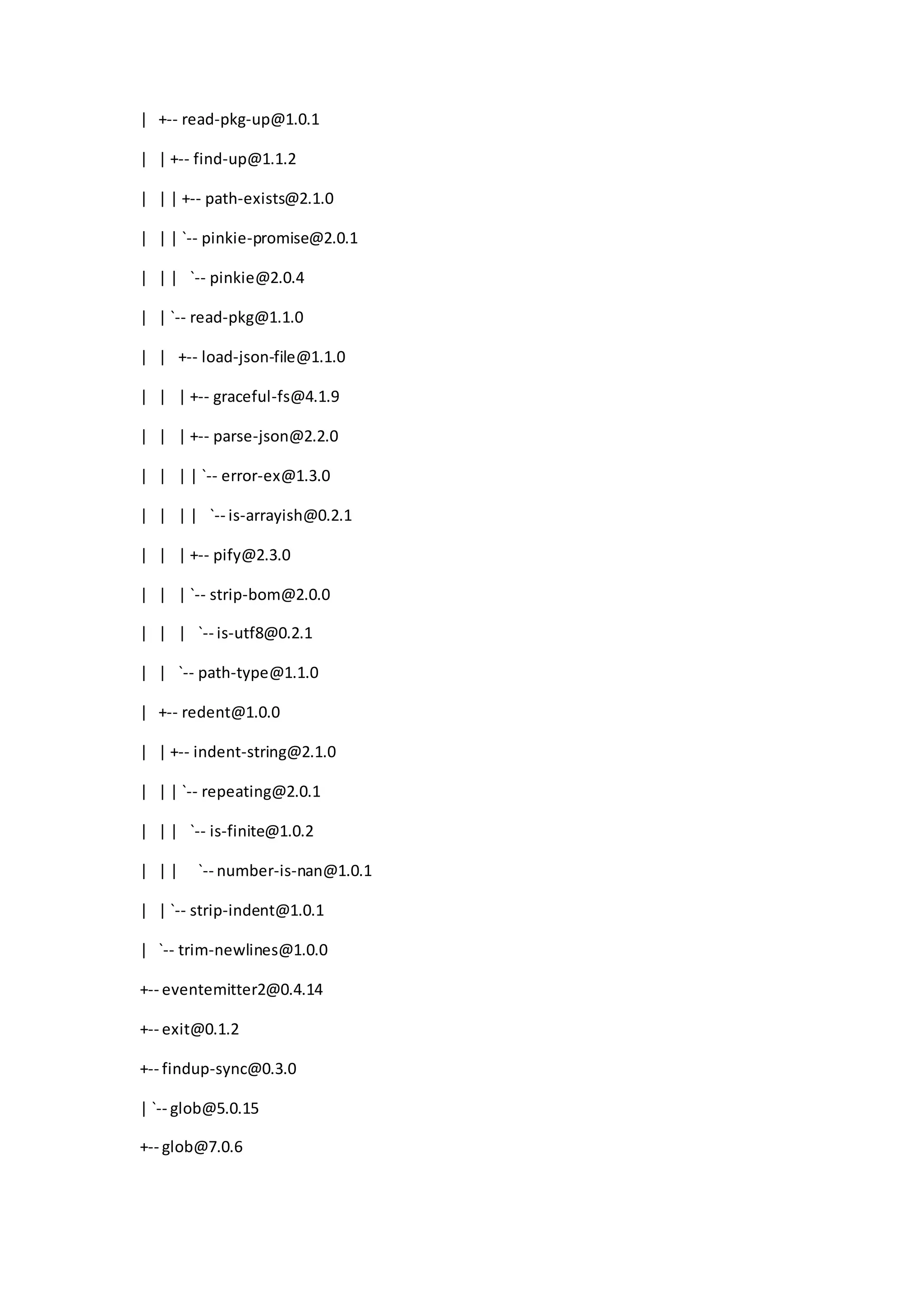 | +-- read-pkg-up@1.0.1
| | +-- find-up@1.1.2
| | | +-- path-exists@2.1.0
| | | `-- pinkie-promise@2.0.1
| | | `-- pinkie@2.0.4
| | `-- read-pkg@1.1.0
| | +-- load-json-file@1.1.0
| | | +-- graceful-fs@4.1.9
| | | +-- parse-json@2.2.0
| | | | `-- error-ex@1.3.0
| | | | `-- is-arrayish@0.2.1
| | | +-- pify@2.3.0
| | | `-- strip-bom@2.0.0
| | | `-- is-utf8@0.2.1
| | `-- path-type@1.1.0
| +-- redent@1.0.0
| | +-- indent-string@2.1.0
| | | `-- repeating@2.0.1
| | | `-- is-finite@1.0.2
| | | `-- number-is-nan@1.0.1
| | `-- strip-indent@1.0.1
| `-- trim-newlines@1.0.0
+-- eventemitter2@0.4.14
+-- exit@0.1.2
+-- findup-sync@0.3.0
| `-- glob@5.0.15
+-- glob@7.0.6
 