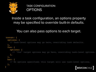 TASK CONFIGURATION:
OPTIONS
Inside a task conﬁguration, an options property
may be speciﬁed to override built-in defaults.
You can also pass options to each target.
concat: {
options: {
// Task-level options may go here, overriding task defaults.
},
foo: {
options: {
// "foo" target options may go here, overriding task-level options.
},
},
bar: {
// No options specified; this target will use task-level options.
},
}
 