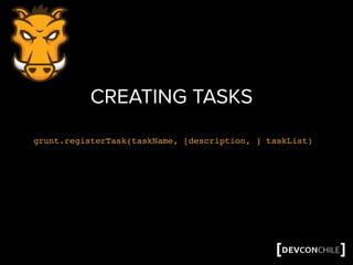 CREATING TASKS
grunt.registerTask(taskName, [description, ] taskList)
 