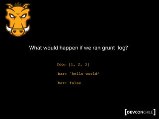 foo: [1, 2, 3]
bar: 'hello world’
baz: false
What would happen if we ran grunt log?
 