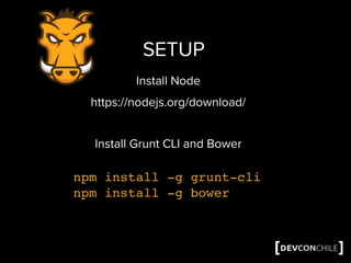 SETUP
npm install -g grunt-cli
npm install -g bower
https://nodejs.org/download/
Install Node
Install Grunt CLI and Bower
 