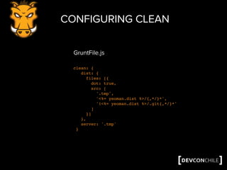 CONFIGURING CLEAN
clean: {
dist: {
files: [{
dot: true,
src: [
'.tmp',
'<%= yeoman.dist %>/{,*/}*',
'!<%= yeoman.dist %>/.git{,*/}*'
]
}]
},
server: '.tmp'
}
GruntFile.js
 