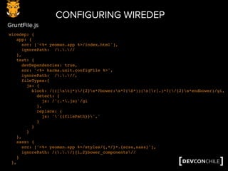 CONFIGURING WIREDEP
wiredep: {
app: {
src: ['<%= yeoman.app %>/index.html'],
ignorePath: /..//
},
test: {
devDependencies: true,
src: '<%= karma.unit.configFile %>',
ignorePath: /..//,
fileTypes:{
js: {
block: /(([st]*)/{2}s*?bower:s*?(S*))(n|r|.)*?(/{2}s*endbower)/gi,
detect: {
js: /'(.*.js)'/gi
},
replace: {
js: ''{{filePath}}','
}
}
}
},
sass: {
src: ['<%= yeoman.app %>/styles/{,*/}*.{scss,sass}'],
ignorePath: /(../){1,2}bower_components//
}
},
GruntFile.js
 