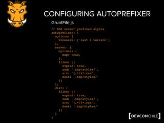 CONFIGURING AUTOPREFIXER
// Add vendor prefixed styles
autoprefixer: {
options: {
browsers: ['last 1 version']
},
server: {
options: {
map: true,
},
files: [{
expand: true,
cwd: '.tmp/styles/',
src: '{,*/}*.css',
dest: '.tmp/styles/'
}]
},
dist: {
files: [{
expand: true,
cwd: '.tmp/styles/',
src: '{,*/}*.css',
dest: '.tmp/styles/'
}]
}
}
GruntFile.js
 