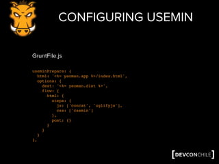 CONFIGURING USEMIN
useminPrepare: {
html: '<%= yeoman.app %>/index.html',
options: {
dest: '<%= yeoman.dist %>',
flow: {
html: {
steps: {
js: ['concat', 'uglifyjs'],
css: ['cssmin']
},
post: {}
}
}
}
},
GruntFile.js
 