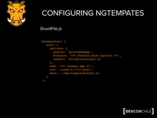 CONFIGURING NGTEMPATES
ngtemplates: {
dist: {
options: {
module: 'gruntdemoApp',
htmlmin: '<%= htmlmin.dist.options %>',
usemin: 'scripts/scripts.js'
},
cwd: '<%= yeoman.app %>',
src: 'views/{,*/}*.html',
dest: '.tmp/templateCache.js'
}
},
GruntFile.js
 