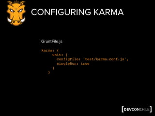 CONFIGURING KARMA
karma: {
unit: {
configFile: 'test/karma.conf.js',
singleRun: true
}
}
GruntFile.js
 