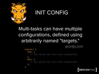 INIT CONFIG
Multi-tasks can have multiple
conﬁgurations, deﬁned using
arbitrarily named "targets."
gruntjs.com
concat: {
foo: {
// You could run this with concat:foo
},
bar: {
// You could run this with concat:bar
},
}
 