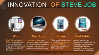 INNOVATION OF STEVE JOB
20
iPod
The iPod, launched in
2001, It enabled its users
to store and playback
music. iPod became ...