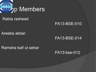 Group Members
Rabia rasheed
FA13-BSE-010
Areeba akbar
FA13-BSE-014
Ramsha kaif ul sehar
FA13-bse-012
 