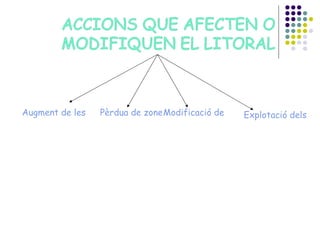 Augment de les zones urbanes Pèrdua de zones agrícoles i boscos. Modificació de la línia de la costa amb construccions Explotació dels recursos marins 