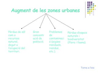Pèrdua de sòl com a recursos natural, degut a l’ocupació del territori. Gran concentració de població. Problemes de contaminació (aigües residuals, residus, etc.). Pèrdua d’espais naturals i biodiversitat (flora i fauna). Torna a l’esquema 