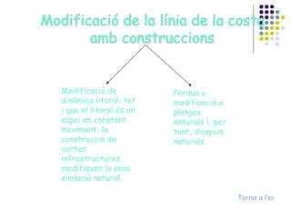 Modificació de dinàmica litoral: tot i que el litoral és un espai en constant moviment, la construcció de certes infrastructures modifiquen la seva evolució natural. Pèrdua o modificació o platges naturals i, per tant, d’espais naturals. Torna a l’esquema 