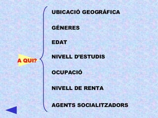 A QUI? UBICACIÓ GEOGRÁFICA GÉNERES  NIVELL D’ESTUDIS OCUPACIÓ EDAT NIVELL DE RENTA AGENTS SOCIALITZADORS 