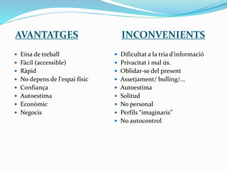 AVANTATGES INCONVENIENTS
 Eina de treball
 Fàcil (accessible)
 Ràpid
 No depens de l'espai físic
 Confiança
 Autoestima
 Econòmic
 Negocis
 Dificultat a la tria d'informació
 Privacitat i mal ús.
 Oblidar-se del present
 Assetjament/ bulling/...
 Autoestima
 Solitud
 No personal
 Perfils “imaginaris”
 No autocontrol
 