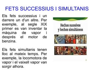 FETS SUCCESSIUS I SIMULTANIS
Els fets successius i un
darrere un d'un altre. Per
exemple, al segle XIX
primer es van inventar la
màquina de vapor i
després el motor de
benzina.
Els fets simultanis tenen
lloc al mateix temps. Per
exemple, la locomotora de
vapor i el vaixell vapor van
sorgir alhora.
 
