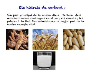 Els hidrats de carboni :

Són part principal de la nostra dieta . Deriven dels
midons i sucres continguts en el pa , els cereals , les
patates i la llet. Ens subministren la major part de la
nostra energia vital.
 