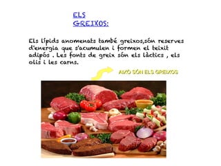 ELS
             GREIXOS:

Els lípids anomenats també greixos,són reserves
d'energia que s'acumulen i formen el teixit
adipós . Les fonts de greix són els làctics , els
olis i les carns.
                            AIXÒ SÓN ELS GREIXOS
 