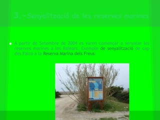 3.- Senyalització de les reserves marines A partir de Setembre de 2004 es varen començar a senyalar les reserves marines a les Balears. Exemple  de senyalització  de cap des Falcó a la  Reserva Marina dels Freus : 
