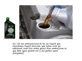 16.- En les articulacions hi ha un líquid que
s'anomena líquid sinovial, que actua com un
lubricant, com l'oli entre peces d'un motor[com el
que fem quan posem oli a les portes quan
grinyolen]
 