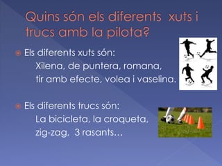 

Els diferents xuts són:
Xilena, de puntera, romana,
tir amb efecte, volea i vaselina.



Els diferents trucs són:
La bicicleta, la croqueta,
zig-zag, 3 rasants…

 