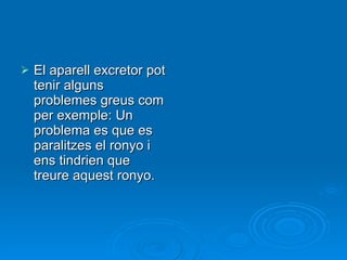 El aparell excretor pot tenir alguns problemes greus com per exemple: Un problema es que es paralitzes el ronyo i ens tindrien que treure aquest ronyo. 