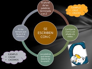SE
ESCRIBEN
CON C
El plural
de las
palabras
terminada
s en Z
Cambian la
Z en C y se
añade a la
silaba.
Las palabras
que tienen
delante de
la vocal E.
En los
tiempos que
lleven Z al
infinitivo.
EJEMPLO
• CRUZ
• CRUCES
EJEMPLO
• CAZAR
• CACEMOS
 