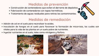 Medidas de prevención
Construcción de contenedores que eviten el derrame de depósitos.
Fabricación de contenedores con tapas herméticas.
Tratamiento de aguas residuales para retiras los contaminantes.
Medidas de remediación
Adición de cal en el suelo para neutralizar la acides.
Inoculación de hongos en el suelo para favorecer la formación de micorrizas, las cuales son
vitales para la vida de las plantas en un suelo pobre de nutrientes.
Inyectar nutrientes en el suelo, tales como nitrógeno y fósforo.
 