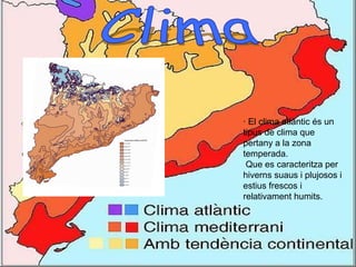 Catalunya es troba a l’est d’Espanya
Catalunya limita amb:
Nord (Andorra i França)
Sud (València)
Oest (Aragó)
Est (Mar Mediterrani)
· El clima atlàntic és un
tipus de clima que
pertany a la zona
temperada.
Que es caracteritza per
hiverns suaus i plujosos i
estius frescos i
relativament humits.
 
