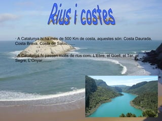 Si observem Catalunya
des del cel, veurem
que per sobre de tot
destaquen les
muntanyes i la verdor
dels seus espais
forestals, que junts
ocupen un 61 %del
territori.
· A Catalunya hi ha més de 500 Km de costa, aquestes són: Costa Daurada,
Costa Brava, Costa de Salou,......
· A Catalunya hi passen molts de rius com: L’Ebre, el Güell, el Ter, el
Segre, L’Onyar,.......
 