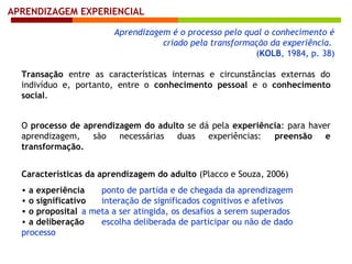Características da aprendizagem do adulto (Placco e Souza, 2006)
• a experiência ponto de partida e de chegada da aprendizagem
• o significativo interação de significados cognitivos e afetivos
• o proposital a meta a ser atingida, os desafios a serem superados
• a deliberação escolha deliberada de participar ou não de dado
processo
Aprendizagem é o processo pelo qual o conhecimento é
criado pela transformação da experiência.
(KOLB, 1984, p. 38)
Transação entre as características internas e circunstâncias externas do
indivíduo e, portanto, entre o conhecimento pessoal e o conhecimento
social.
O processo de aprendizagem do adulto se dá pela experiência: para haver
aprendizagem, são necessárias duas experiências: preensão e
transformação.
APRENDIZAGEM EXPERIENCIAL
 