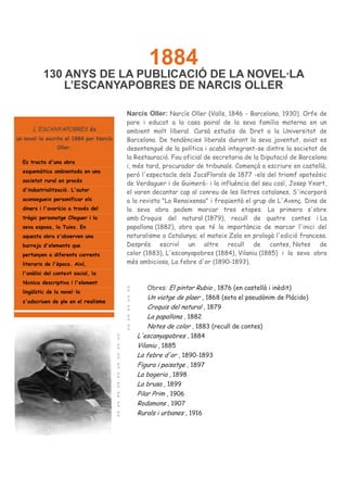 1884
130 ANYS DE LA PUBLICACIÓ DE LA NOVEL·LA
L’ESCANYAPOBRES DE NARCIS OLLER
Narcís Oller: Narcís Oller (Valls, 1846 - Barcelona, 1930). Orfe de
pare i educat a la casa pairal de la seva família materna en un
ambient molt liberal. Cursà estudis de Dret a la Universitat de
Barcelona. De tendències liberals durant la seva joventut, aviat es
desentengué de la política i acabà integrant-se dintre la societat de
la Restauració. Fou oficial de secretaria de la Diputació de Barcelona
i, més tard, procurador de tribunals. Començà a escriure en castellà,
però l'espectacle dels JocsFlorals de 1877 -els del triomf apoteòsic
de Verdaguer i de Guimerà- i la influència del seu cosí, Josep Yxart,
el varen decantar cap al conreu de les lletres catalanes. S'incorporà
a la revista "La Renaixensa" i freqüentà el grup de L'Avenç. Dins de
la seva obra podem marcar tres etapes. La primera s'obre
amb Croquis del natural (1879), recull de quatre contes i La
papallona (1882), obra que té la importància de marcar l'inici del
naturalisme a Catalunya; el mateix Zola en prologà l'edició francesa.
Després escriví un altre recull de contes, Notes de
color (1883), L'escanyapobres (1884), Vilaniu (1885) i la seva obra
més ambiciosa, La febre d'or (1890-1893).
 Obres: El pintor Rubio , 1876 (en castellà i inèdit)
 Un viatge de plaer , 1868 (sota el pseudònim de Plácido)
 Croquis del natural , 1879
 La papallona , 1882
 Notes de color , 1883 (recull de contes)
 L'escanyapobres , 1884
 Vilaniu , 1885
 La febre d'or , 1890-1893
 Figura i paisatge , 1897
 La bogeria , 1898
 La brusa , 1899
 Pilar Prim , 1906
 Rodamons , 1907
 Rurals i urbanes , 1916
L'ESCANYAPOBRES és
un novel·la escrita el 1884 per Narcís
Oller.
Es tracta d'una obra
esquemàtica ambientada en una
societat rural en procés
d'industrialització. L'autor
aconsegueix personificar els
diners i l'avarícia a través del
tràgic personatge Oleguer i la
seva esposa, la Tuies. En
aquesta obra s'observen una
barreja d'elements que
pertanyen a diferents corrents
literaris de l'època. Així,
l'anàlisi del context social, la
tècnica descriptiva i l'element
lingüístic de la novel·la
s'adscriuen de ple en el realisme
Portrait of Galileo Galilei by Giusto Sustermans
 