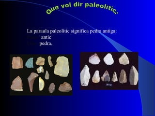 Que vol dir paleolític: La paraula paleolític significa pedra antiga: Paleo:  antic Lític:  pedra. 