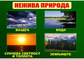 ВАЗДУХ           ВОДА




СУНЧЕВА СВЕТЛОСТ   ЗЕМЉИШТЕ
   И ТОПЛОТА
 