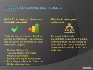 Definició del projecte i de les seus     Distribució de tasques i
5 apartats principals:                   subtasques:




Triats als acords inicials i tenint en   En temps límit per a la
compte els interessos i les respostes    presentación seguint la cronografía
que buscaven els membres del grup        de l’assignatura i la planificació de
amb aquest projecte.                     grup; en aquest punt s’estableix un
                                         càrrec de responsable rotatiu per a
-   Història del fenomen                 cada fase.
-   Tipus de delictes informàtics
-   Mitjans de protecció
-   Disposicions legals relacionades
-   Personatges rellevants: Grups de
    Hackers i Anonymous)
 
