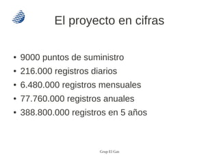 El proyecto en cifras

●   9000 puntos de suministro
●   216.000 registros diarios
●   6.480.000 registros mensuales
●   7...