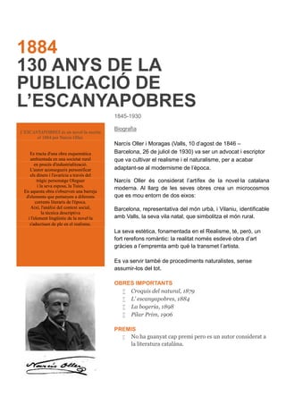 1884
130 ANYS DE LA
PUBLICACIÓ DE
L’ESCANYAPOBRES
1845-1930
Biografia
Narcís Oller i Moragas (Valls, 10 d'agost de 1846 –
Barcelona, 26 de juliol de 1930) va ser un advocat i escriptor
que va cultivar el realisme i el naturalisme, per a acabar
adaptant-se al modernisme de l'època.
Narcís Oller és considerat l’artífex de la novel·la catalana
moderna. Al llarg de les seves obres crea un microcosmos
que es mou entorn de dos eixos:
Barcelona, representativa del món urbà, i Vilaniu, identificable
amb Valls, la seva vila natal, que simbolitza el món rural.
La seva estètica, fonamentada en el Realisme, té, però, un
fort rerefons romàntic: la realitat només esdevé obra d’art
gràcies a l’empremta amb què la transmet l’artista.
Es va servir també de procediments naturalistes, sense
assumir-los del tot.
OBRES IMPORTANTS
 Croquis del natural, 1879
 L’ escanyapobres, 1884
 La bogeria, 1898
 Pilar Prim, 1906
PREMIS
 No ha guanyat cap premi pero es un autor considerat a
la literatura catalána.
L'ESCANYAPOBRES és un novel·la escrita
el 1884 per Narcís Oller.
Es tracta d'una obra esquemàtica
ambientada en una societat rural
en procés d'industrialització.
L'autor aconsegueix personificar
els diners i l'avarícia a través del
tràgic personatge Oleguer
i la seva esposa, la Tuies.
En aquesta obra s'observen una barreja
d'elements que pertanyen a diferents
corrents literaris de l'època.
Així, l'anàlisi del context social,
la tècnica descriptiva
i l'element lingüístic de la novel·la
s'adscriuen de ple en el realisme.
 