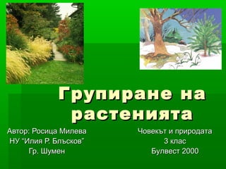 Групиране на
             растенията
Автор: Росица Милева   Човекът и природата
НУ “Илия Р. Блъсков”         3 клас
      Гр. Шумен           Булвест 2000
 