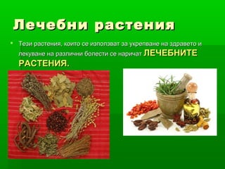 Лечебни растения
 Тези растения, които се използват за укрепване на здравето и
  лекуване на различни болести се наричат ЛЕЧЕБНИТЕ
  РАСТЕНИЯ.
 