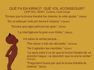 QUÈ FA EN KIRIKÚ?  QUÈ VOL ACONSEGUIR? CEIP SOL IXENT. Corbins. Cicle Inicial “ Encara que la bruixa Karabà fos dolenta, la volia ajudar.”  (Nàdia)‏ “ Es va esforçar molt per treure-li l’espina.”  (Xavier)‏ "Encara que sigui petit pot ser gran.”  (Alícia)‏ “ La intel·ligència fa gran a en Kirikú.”  (Maria)‏ Vol saber la veritat perquè… “ Per salvar a tots els del poble.”  (Ainhoa)‏ “ No li agraden les mentides.”  (Quim)‏ “ La seva mare li va dir que la bruixa Karabà els va prendre l’aigua i va descobrir que no era la veritat.”  (Ferran)‏ “ Preguntant busca per què la bruixa Karabà és dolenta.”  (Maria)‏ 