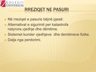 RREZIQET NE PASURI






Në rreziqet e pasuris bëjnë pjesë:
Alternativat e sigurimit per katastrofa
natyrore,vjedhje dhe dëmtime.
Sistemet kunder vjedhjeve dhe demtimeve fizike.
Dalja nga perdorimi.

 