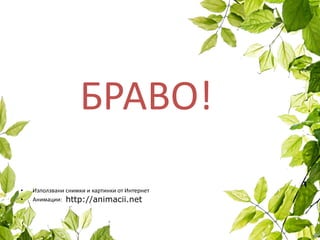 БРАВО!
• Използвани снимки и картинки от Интернет
• Анимации: http://animacii.net
 