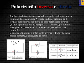 Polarização inversa e direta
A aplicação de tensão sobre o díodo estabelece a forma como o
componente se comporta. A tensão pode ser aplicada de 2
formas: pela polarização direta ou pela polarização inversa.
Quando aplicamos tensão pela polarização direta, permitimos a
passagem de corrente no circuito, ou seja, o díodo está em
condução.
Já quando utilizamos a polarização inversa, o díodo não deixa
passar corrente, ou seja, está ao corte.
 